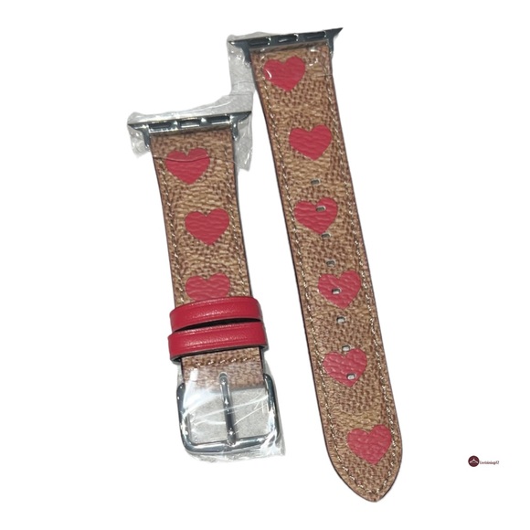 COACH Signature Tan Logo Red Heart Motif Leather 38 40 MM Apple Watch Band Strap - Picture 7 of 13